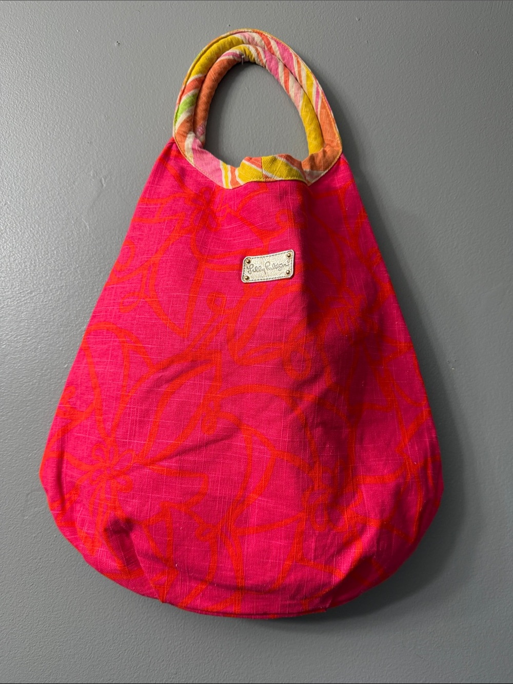 Lilly Pulitzer vibrant Pink Floral linen Tote Bag mix media Handles